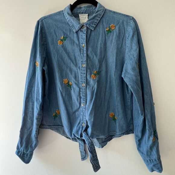 Harper Floral Marigold Chambray Tie Front Tab Sleeve Button Down Top Medium - Picture 1 of 11